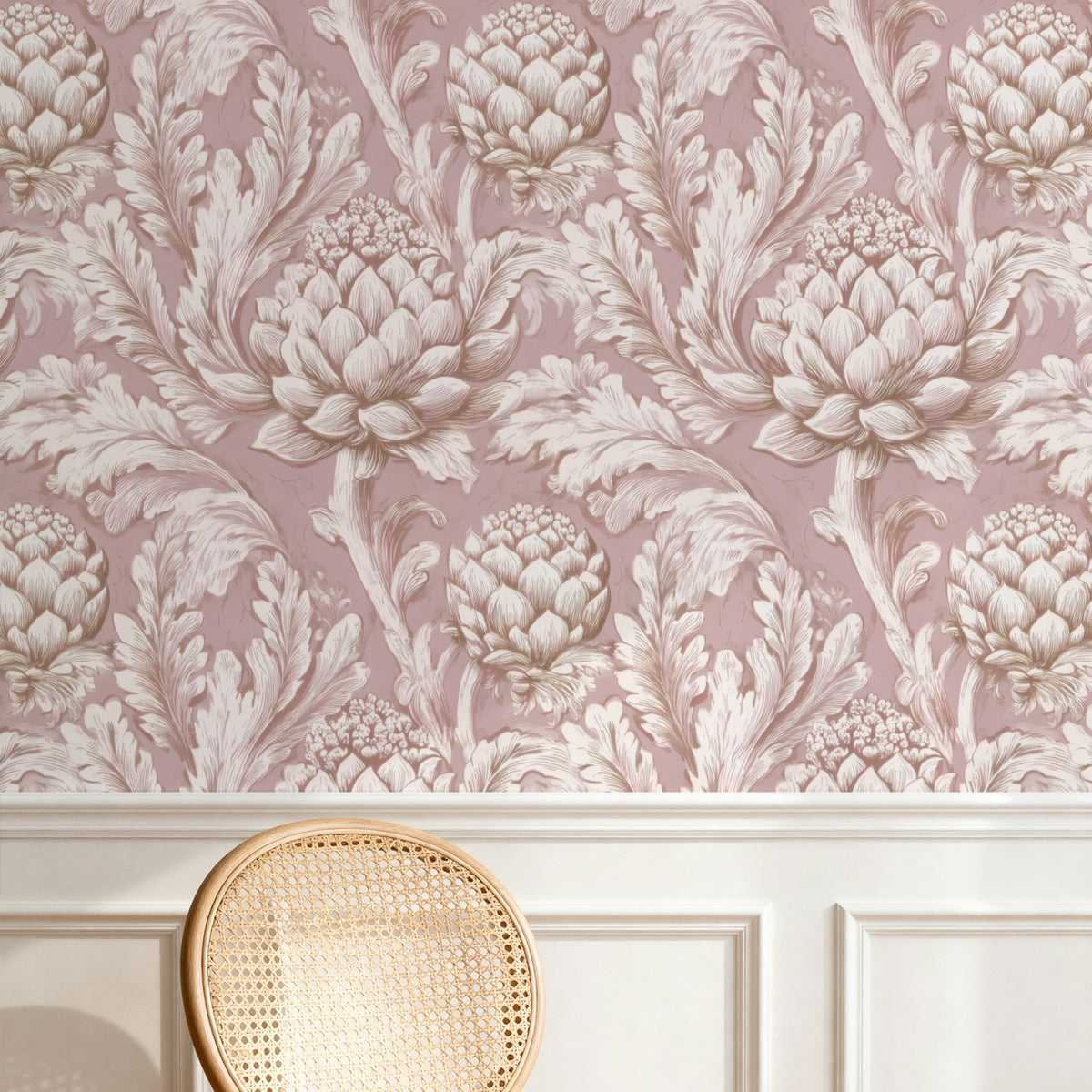 Leafy Damask large scale wallpaper in a styled room