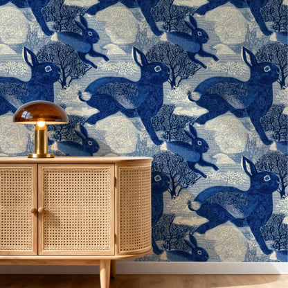 Leaping Hares large scale wallpaper in a styled room