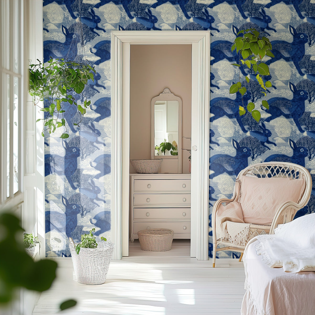 Leaping Hares large scale wallpaper in a styled room