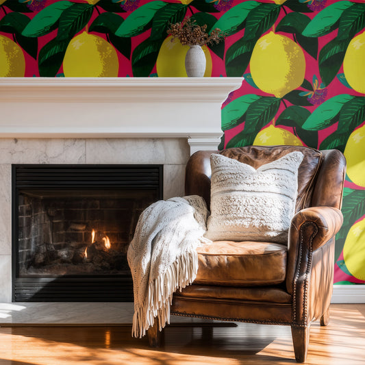 Lemon Butterfly large scale wallpaper in a styled room