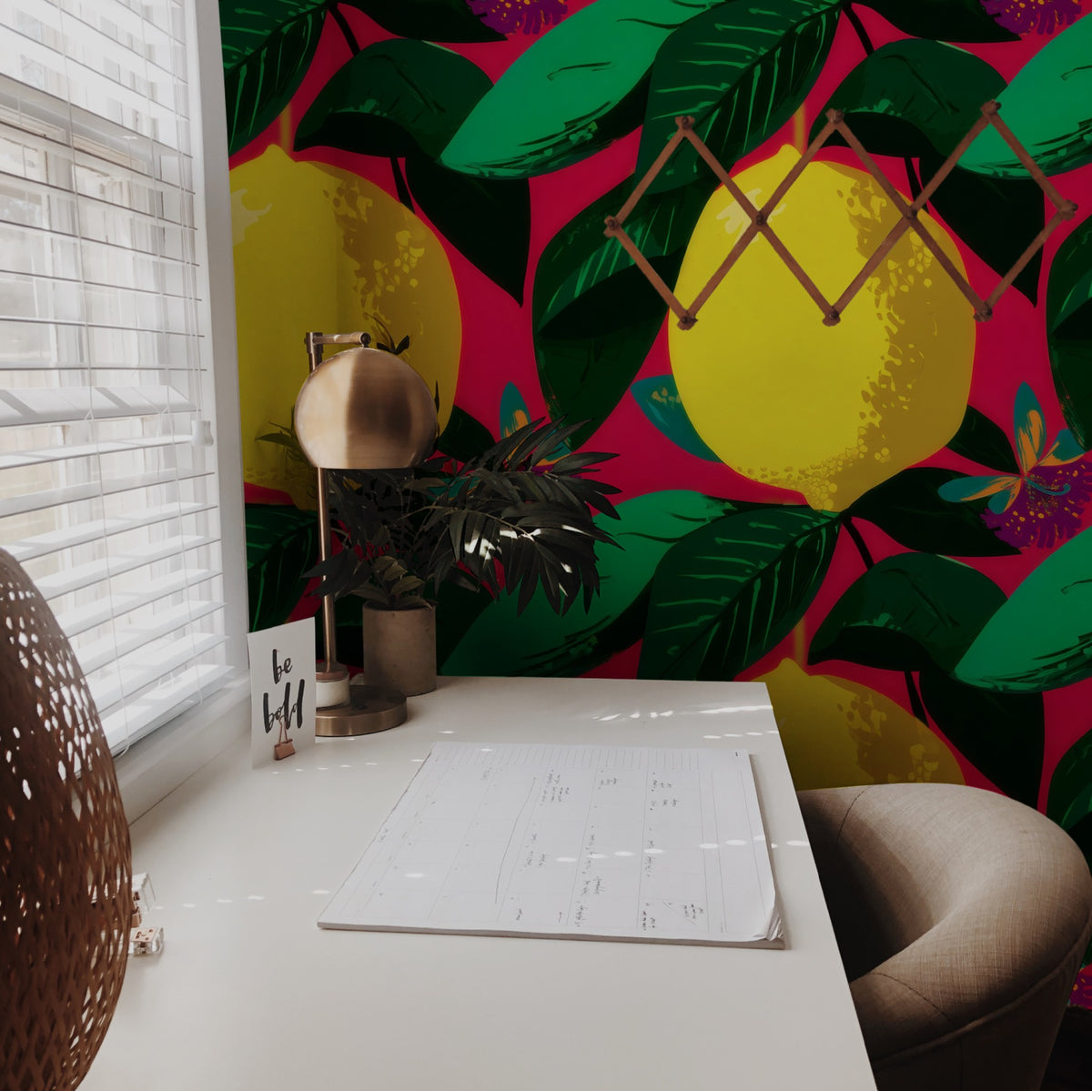 Lemon Butterfly large scale wallpaper in a styled room