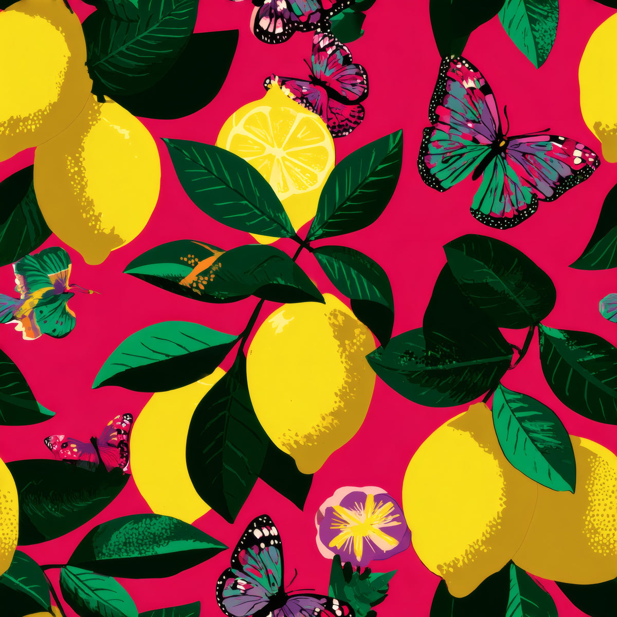 Yellow lemons, green leaves and colourful butterflies on a hot pink ground.