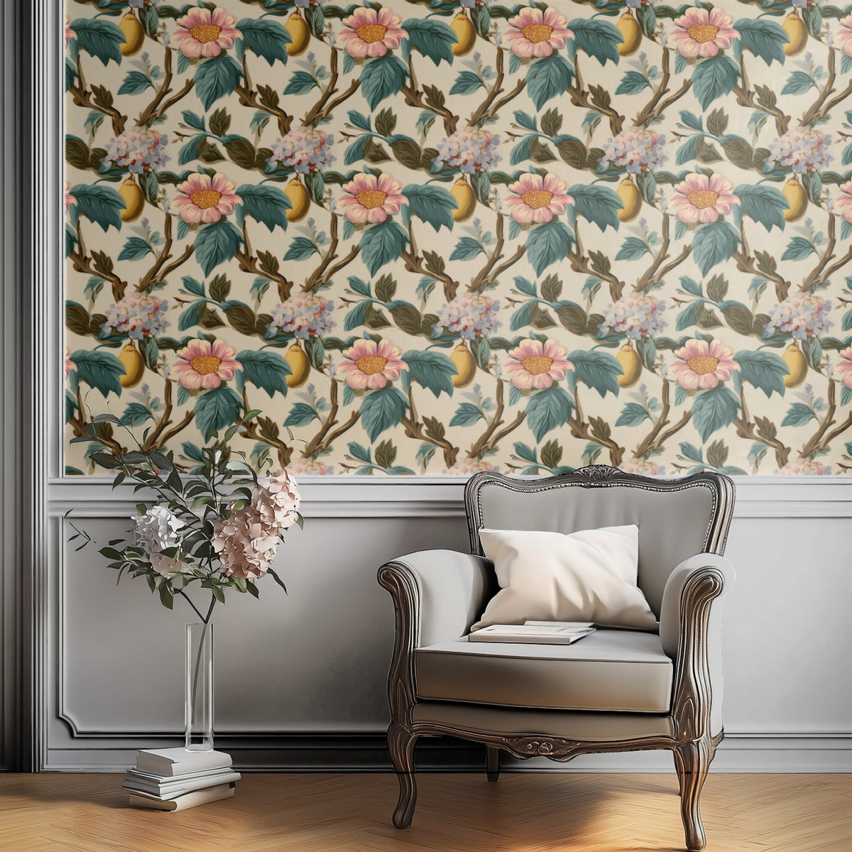 Lemon Grove large scale wallpaper in a styled room