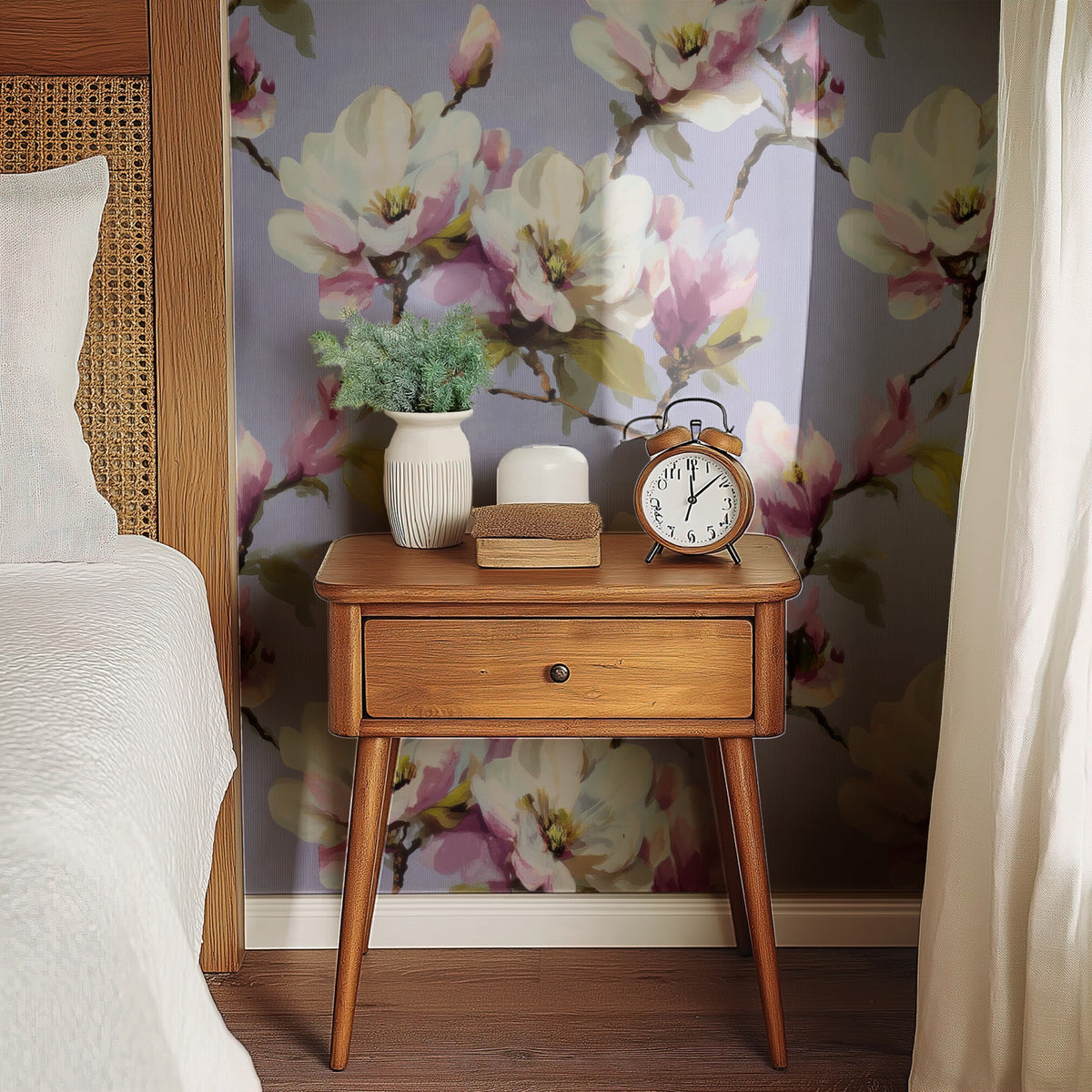 Lilac Magnolia large scale wallpaper in a styled room
