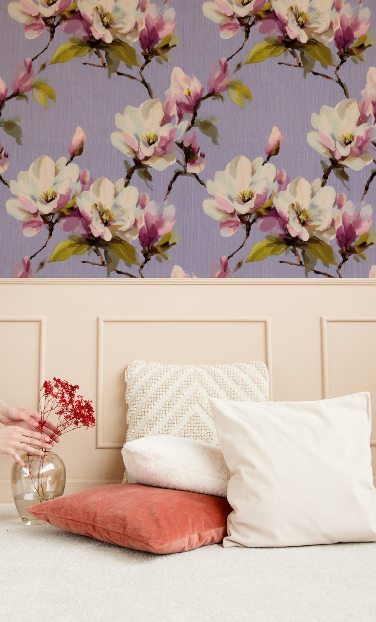 Lilac Magnolia large scale wallpaper in a styled room