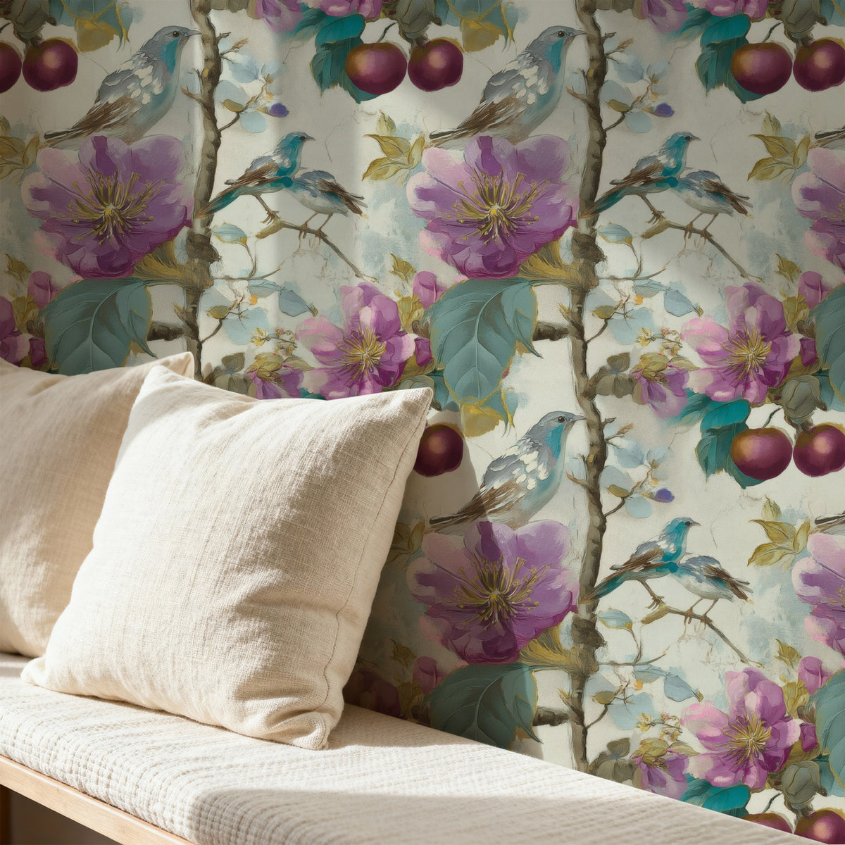 Lilac Orchard large scale wallpaper in a styled room