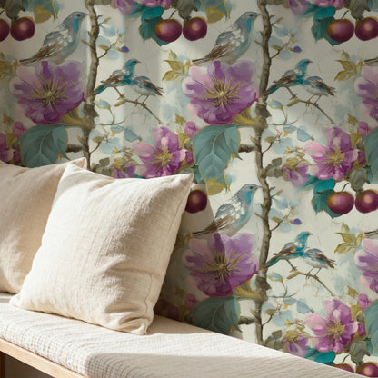 Lilac Orchard large scale wallpaper in a styled room