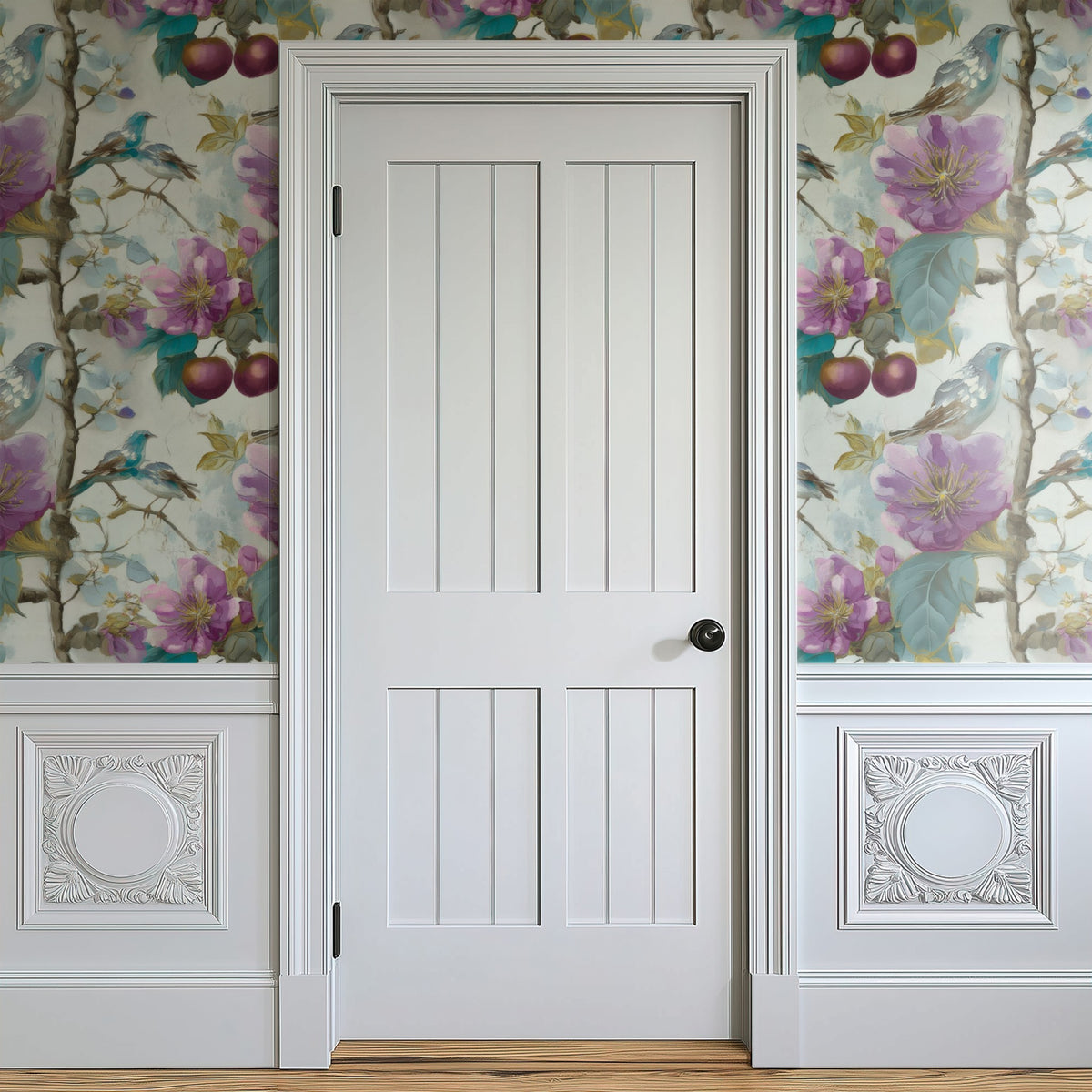 Lilac Orchard large scale wallpaper in a styled room