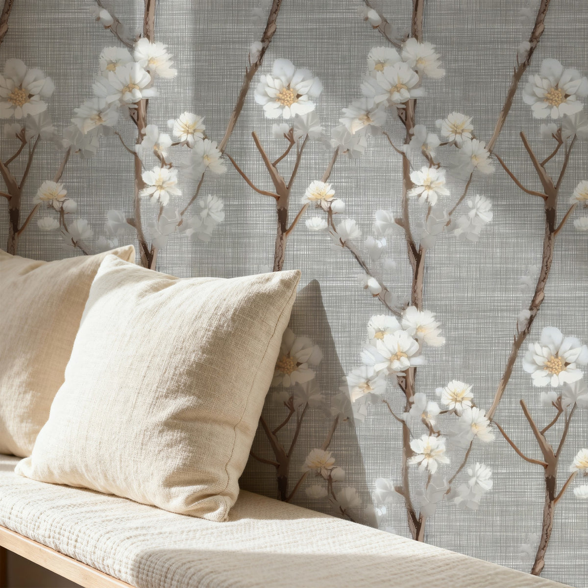 Linen Blossom large scale wallpaper in a styled room