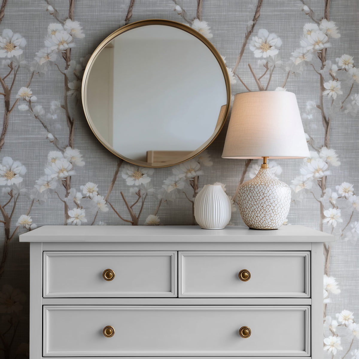 Linen Blossom large scale wallpaper in a styled room