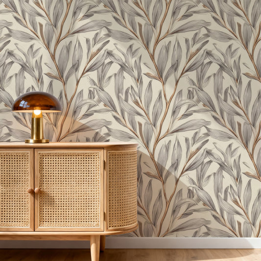 Linen Fronds large scale wallpaper in a styled room