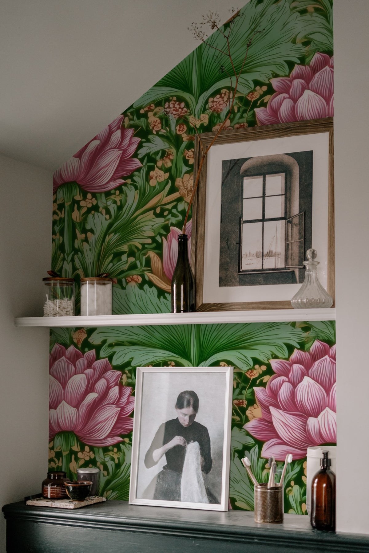 Lotus Garden large scale wallpaper in a styled room