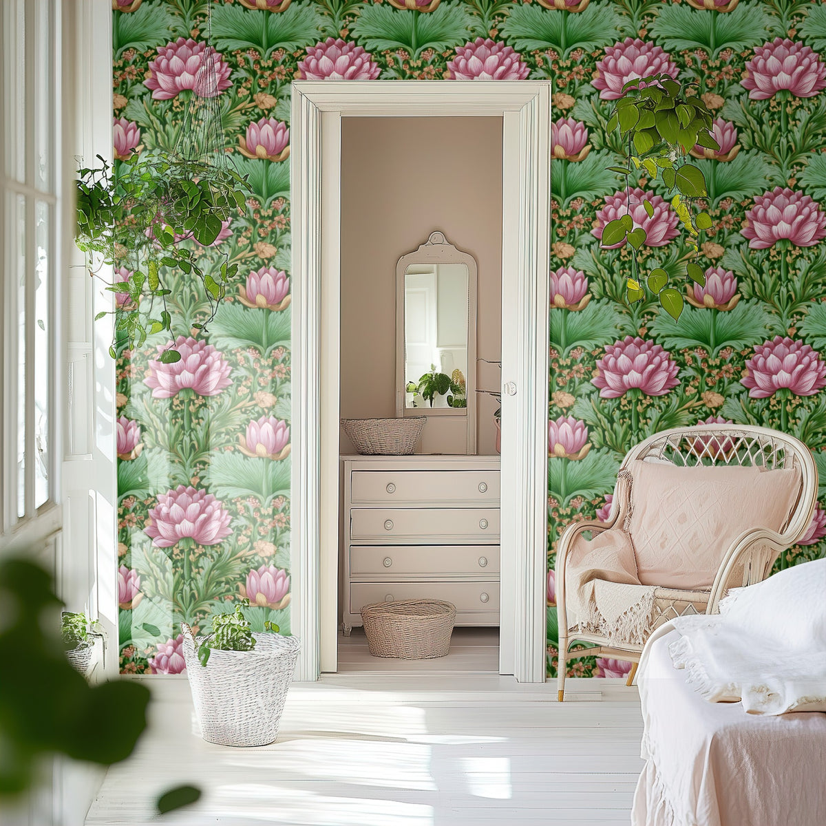 Lotus Garden large scale wallpaper in a styled room