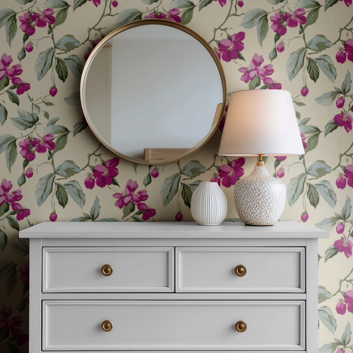 Magenta Branch large scale wallpaper in a styled room