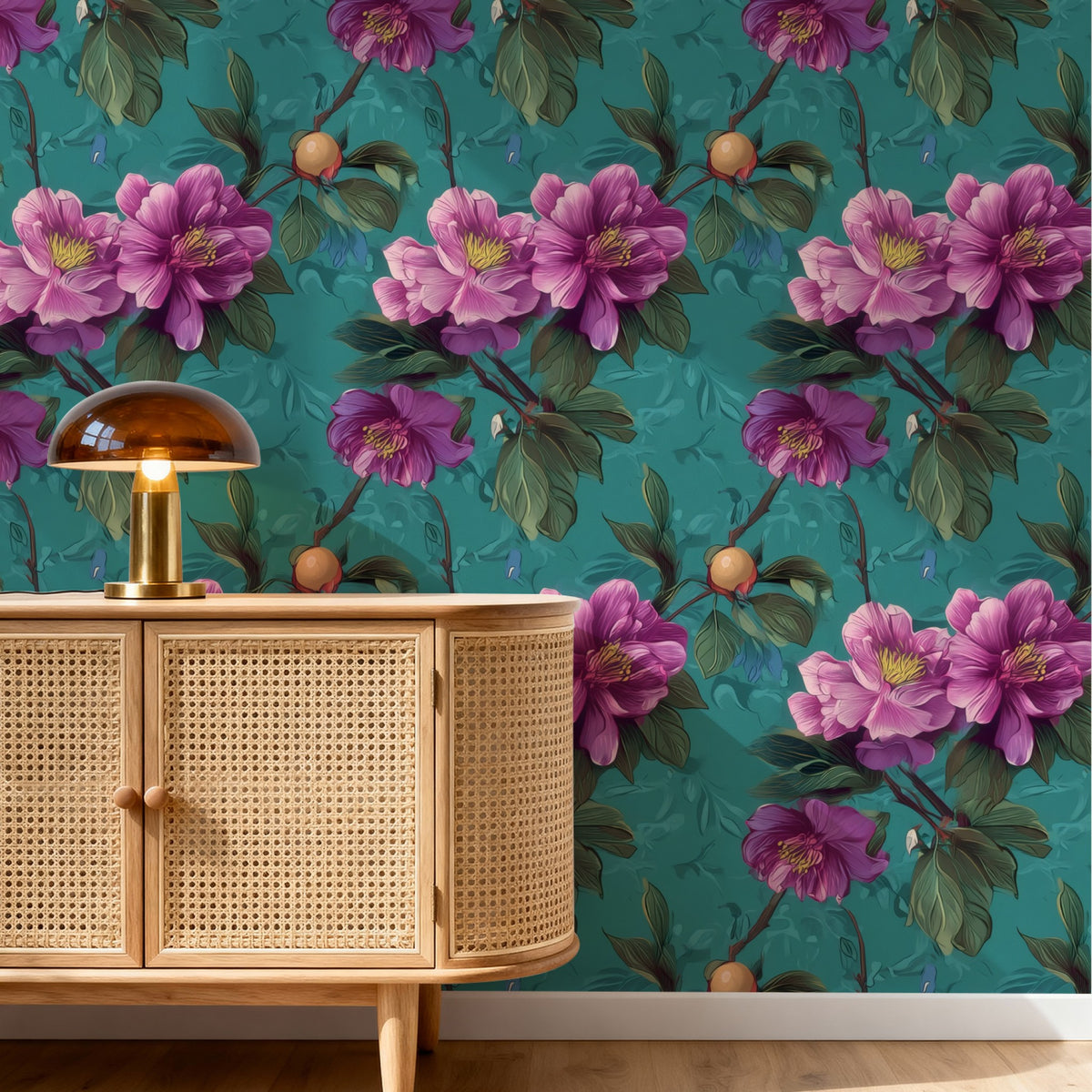 Magenta Orchard large scale wallpaper in a styled room