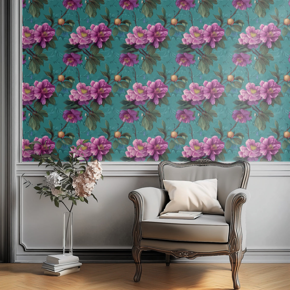 Magenta Orchard large scale wallpaper in a styled room