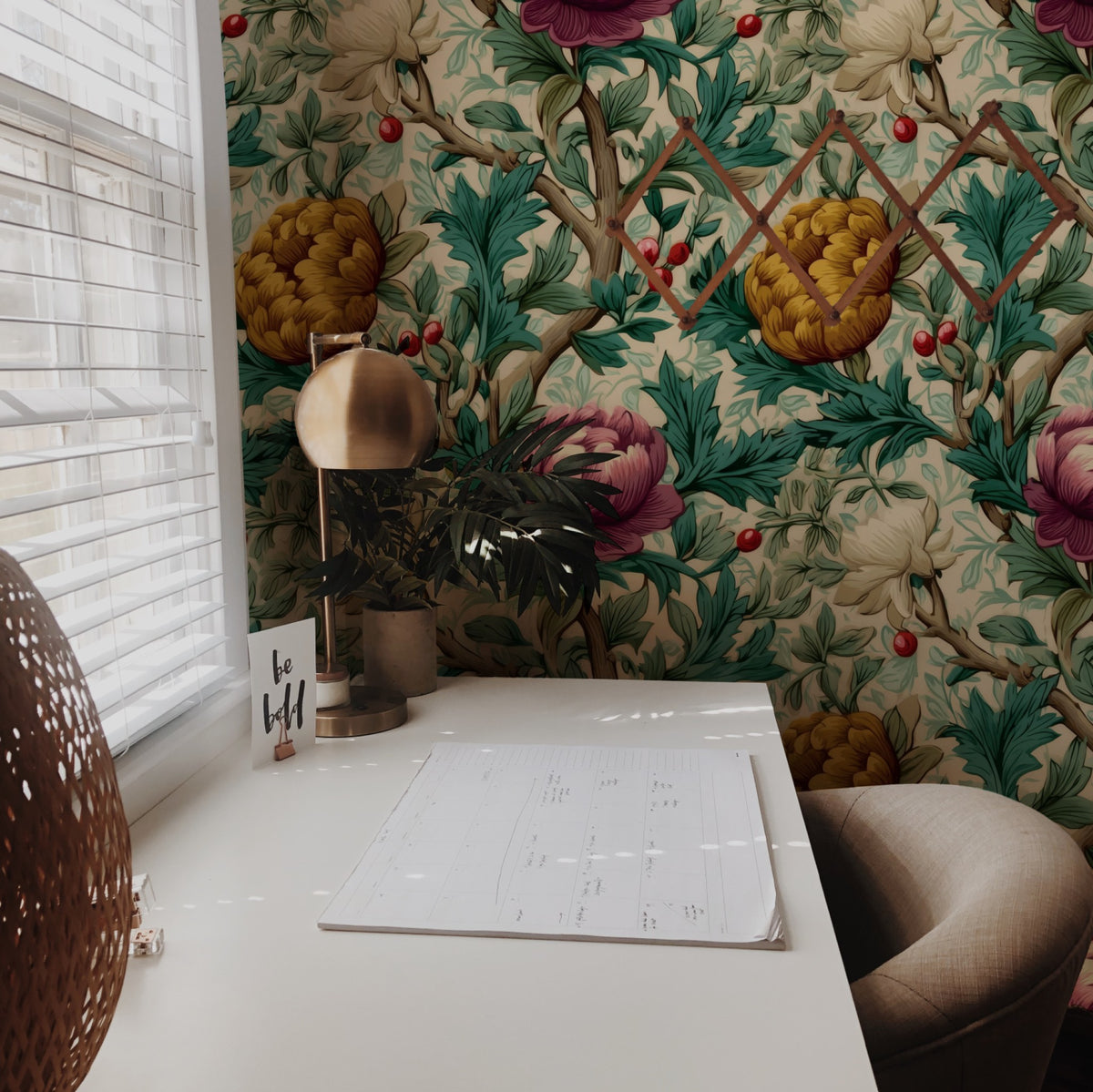 Magenta Peonies large scale wallpaper in a styled room