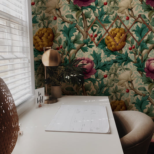Magenta Peonies large scale wallpaper in a styled room