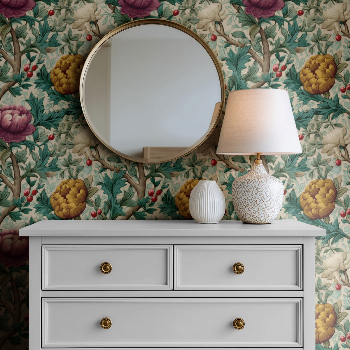 Magenta Peonies large scale wallpaper in a styled room