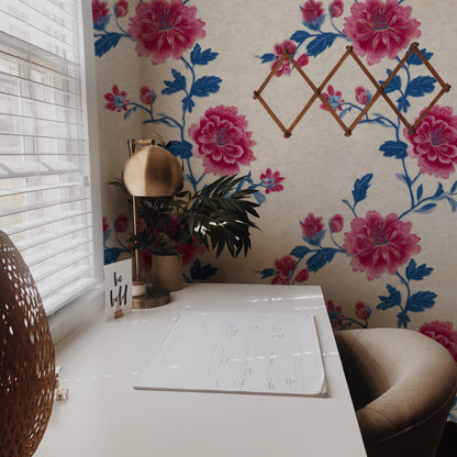 Magenta Peony large scale wallpaper in a styled room