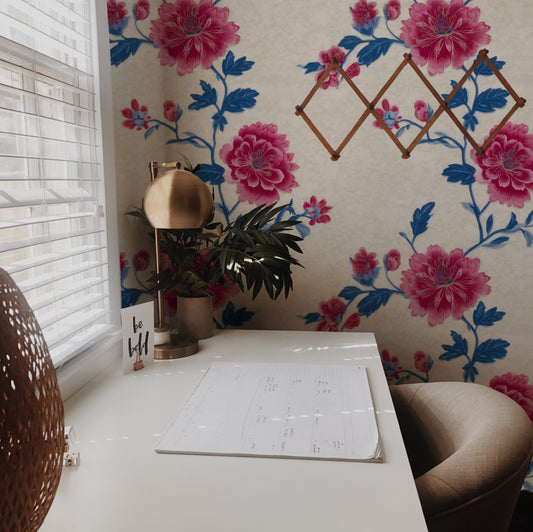 Magenta Peony large scale wallpaper in a styled room