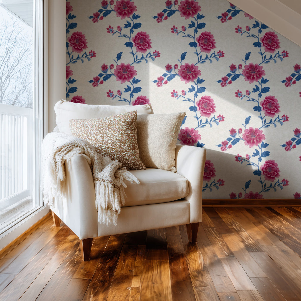 Magenta Peony large scale wallpaper in a styled room