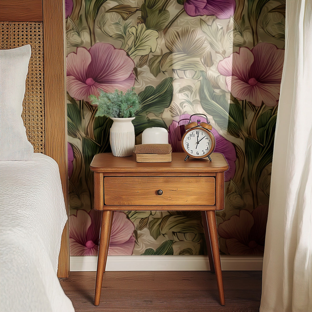 Magenta Poppy large scale wallpaper in a styled room