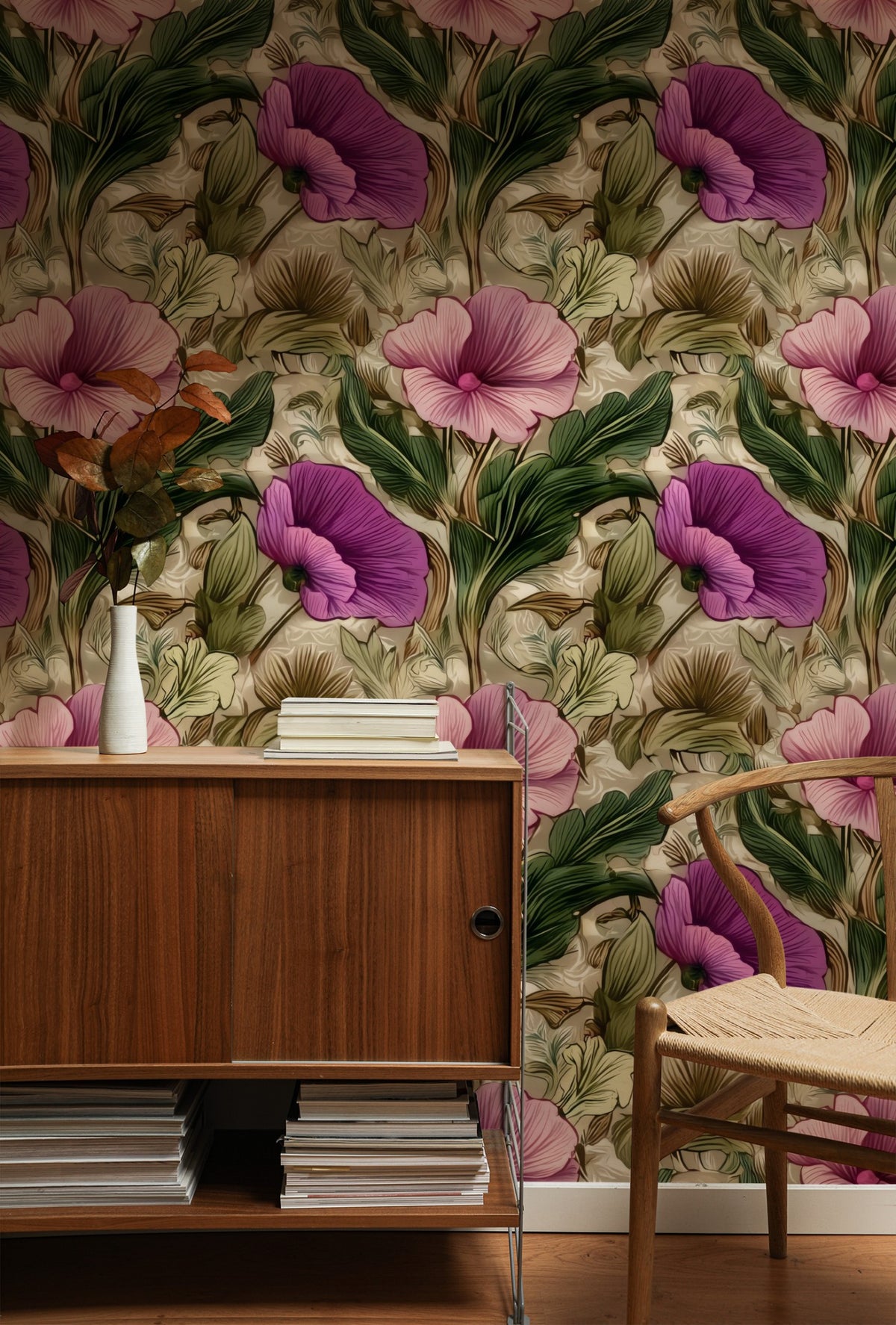 Magenta Poppy large scale wallpaper in a styled room