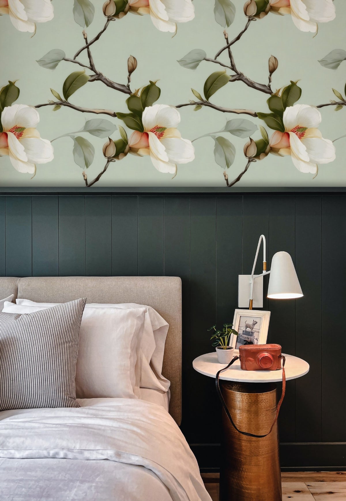Magnolia Blossoms large scale wallpaper in a styled room
