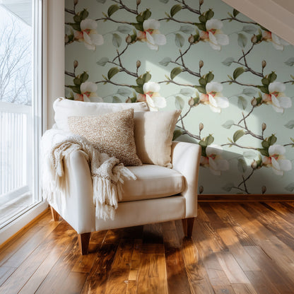 Magnolia Blossoms large scale wallpaper in a styled room