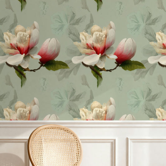 Magnolia Branch large scale wallpaper in a styled room