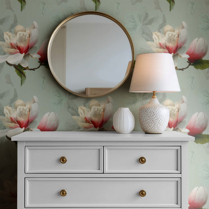 Magnolia Branch large scale wallpaper in a styled room