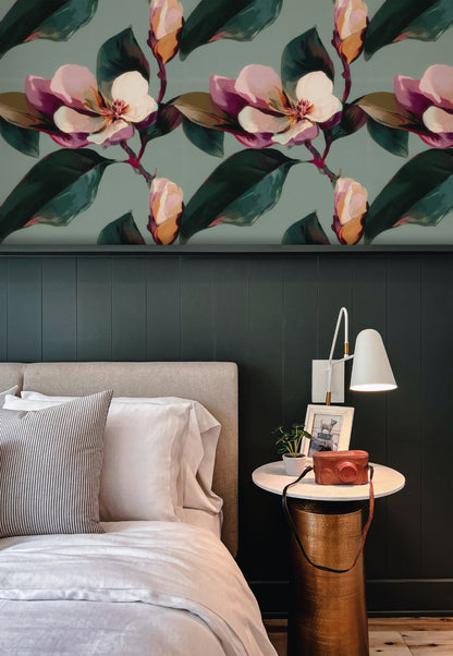 Magnolia Grove large scale wallpaper in a styled room