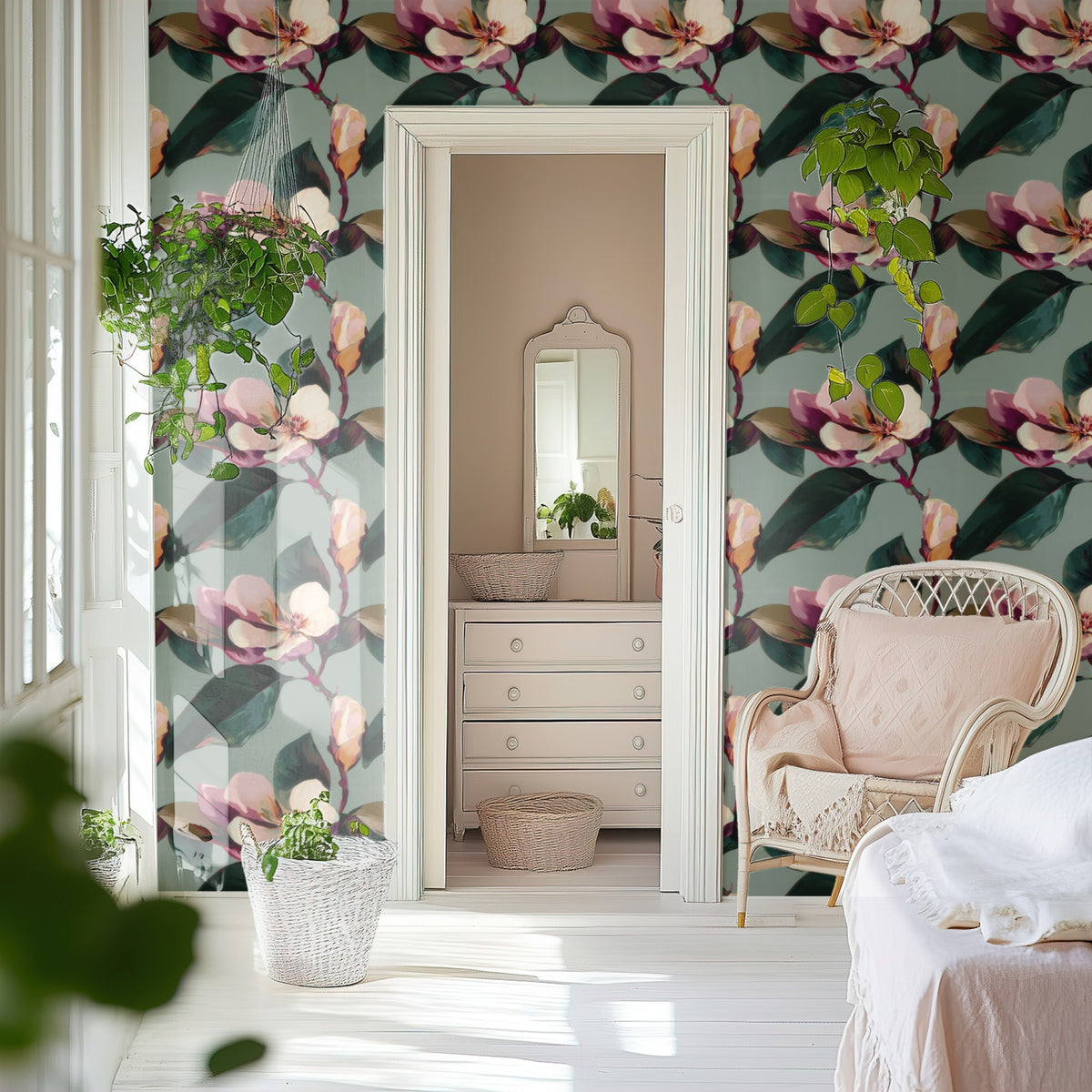 Magnolia Grove large scale wallpaper in a styled room