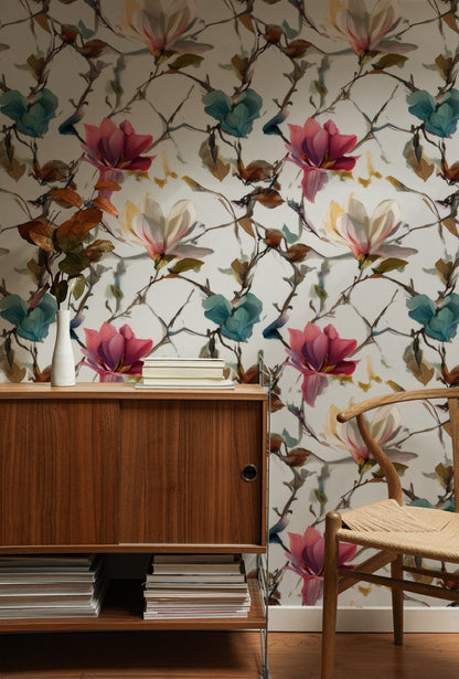 Magnolia Twigs large scale wallpaper in a styled room