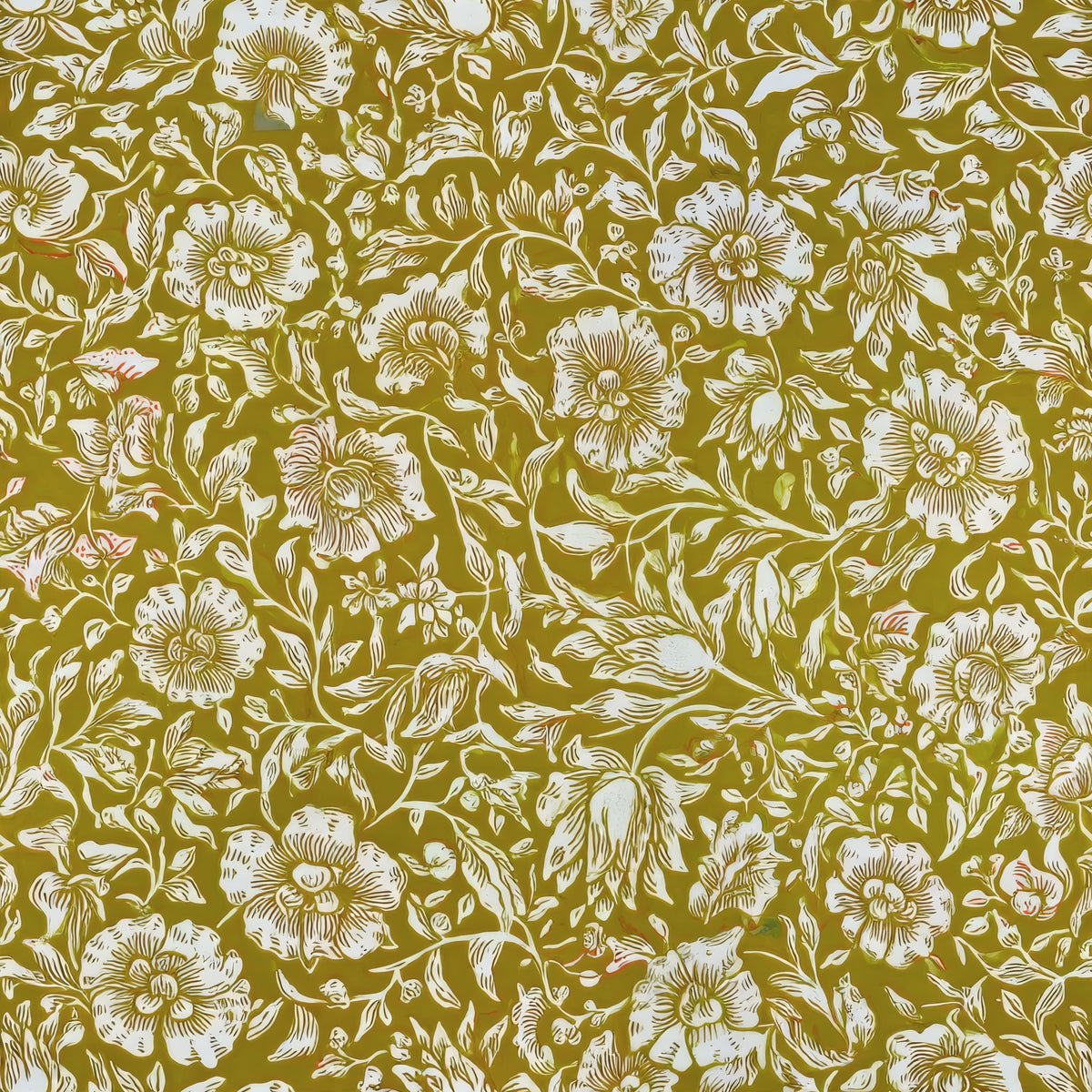 Small cream mallow flowers and leaves form a dense all-over pattern on a mustard ground, a William Morris design.