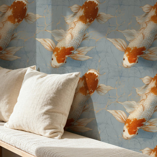 Marbled Koi large scale wallpaper in a styled room
