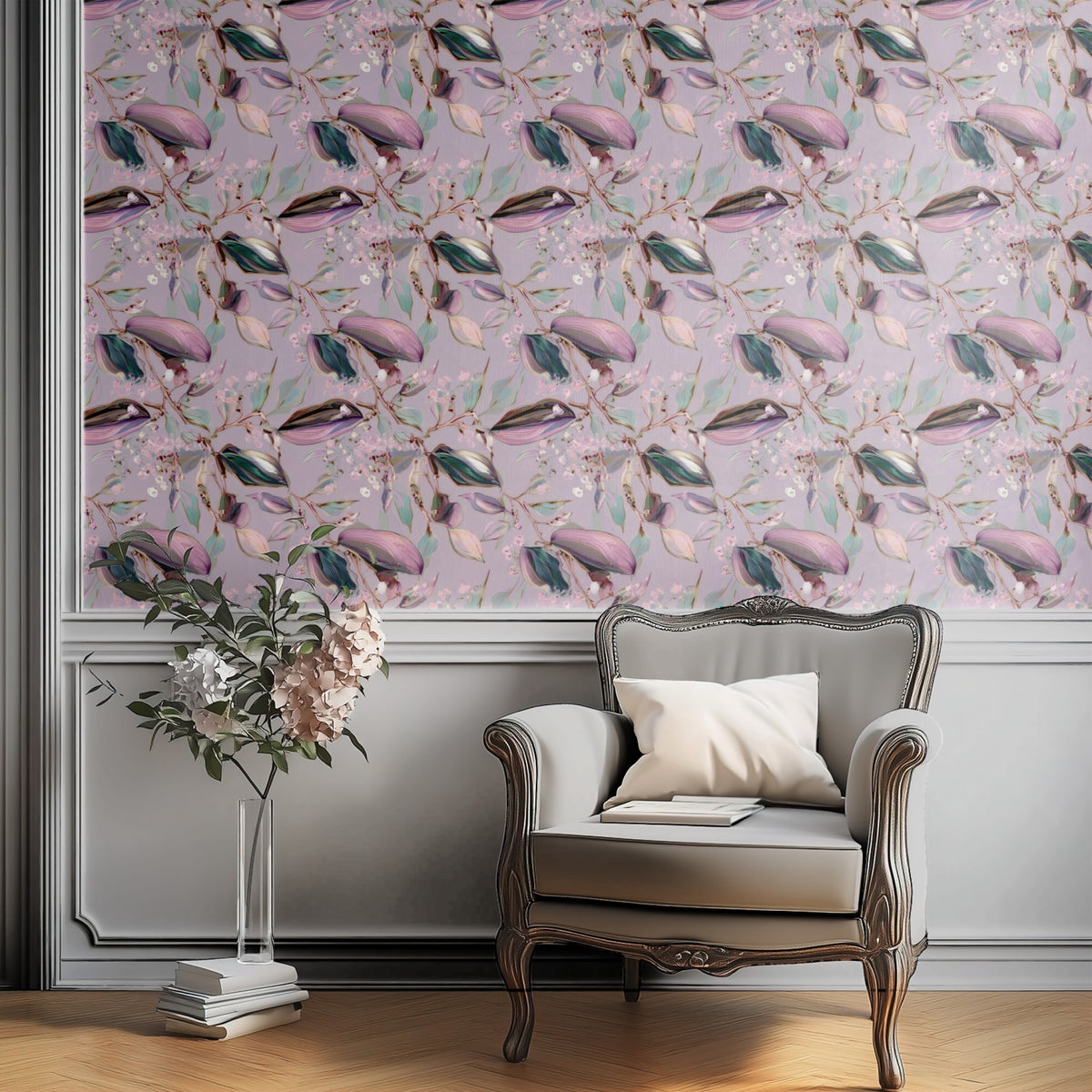 Marbled Leaves large scale wallpaper in a styled room
