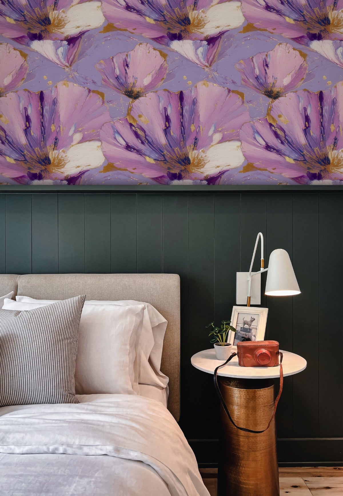 Marbled Violets large scale wallpaper in a styled room