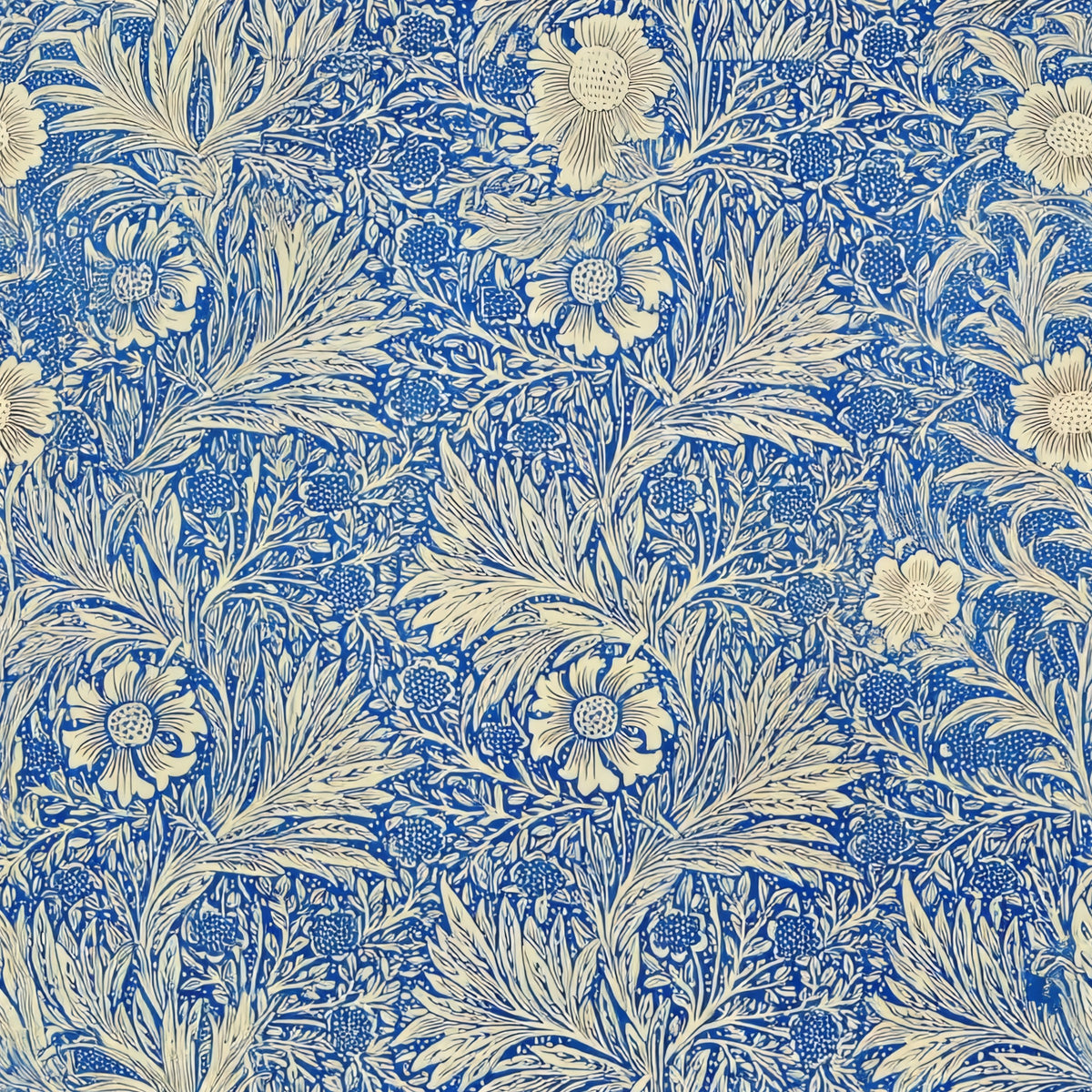 Cream marigold flowers and feathery leaves over fine cobalt-blue foliage, a William Morris design.