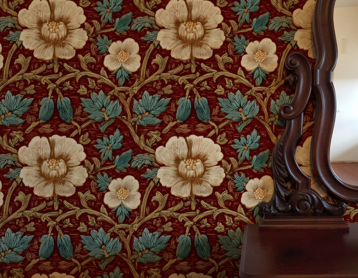 Maroon Flora large scale wallpaper in a styled room
