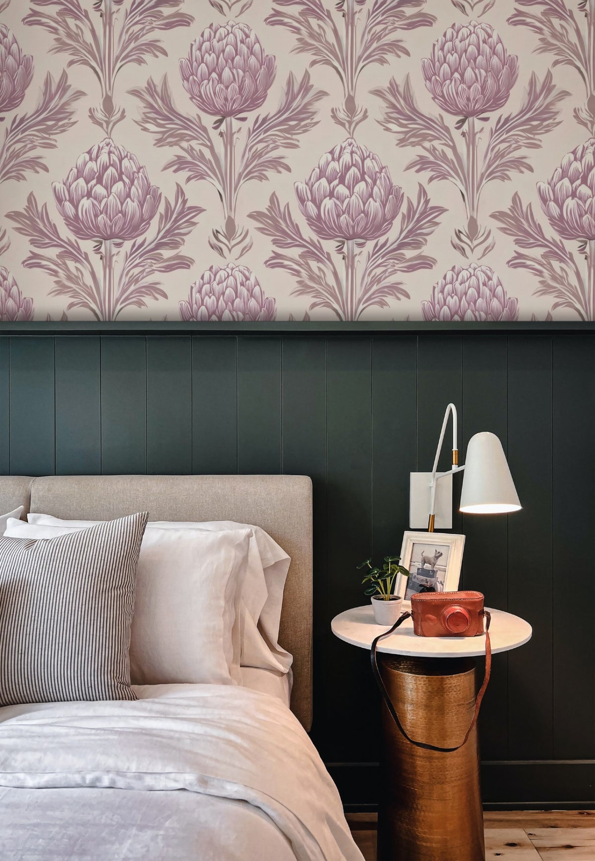 Mauve Artichoke large scale wallpaper in a styled room