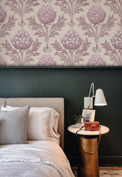 Mauve Artichoke large scale wallpaper in a styled room
