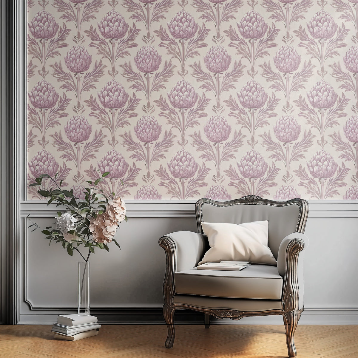 Mauve Artichoke large scale wallpaper in a styled room