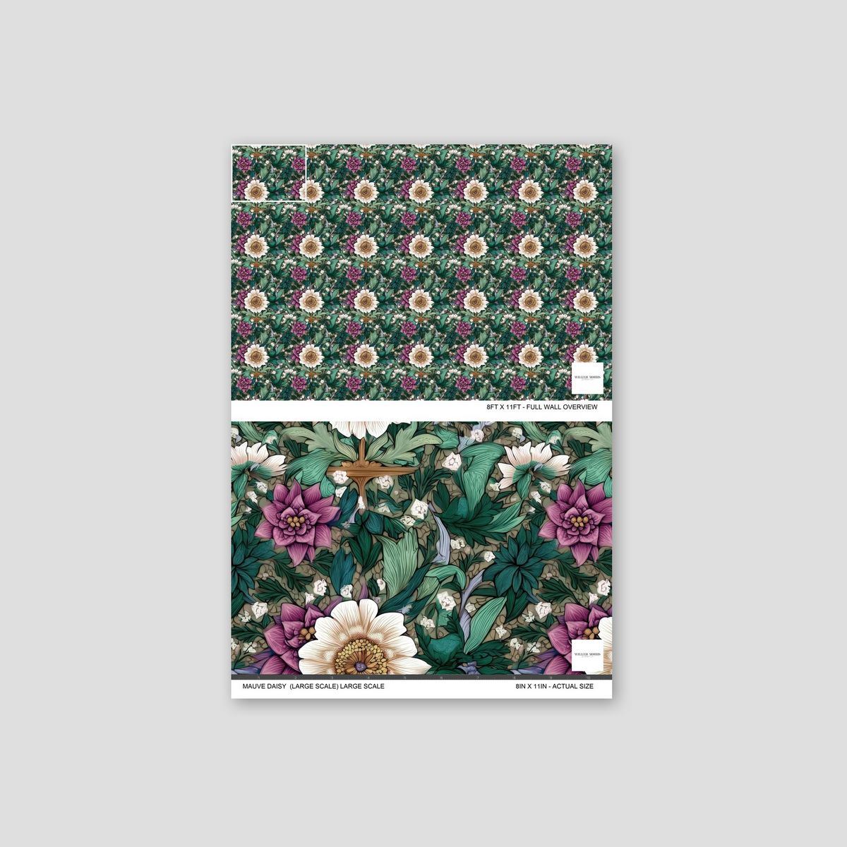 Mauve Daisy wallpaper with lush green foliage and purple white blooms in detailed floral pattern.