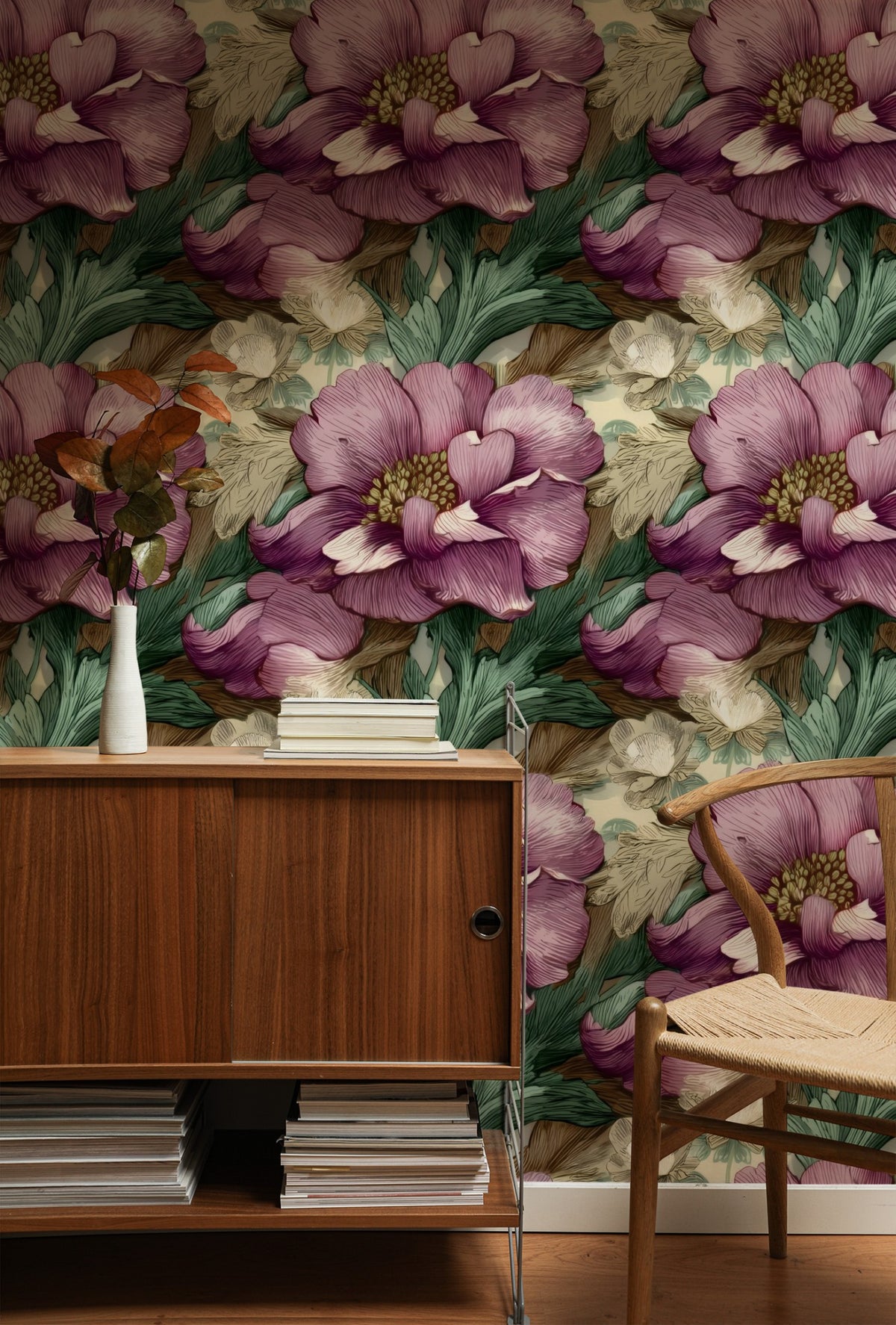 Mauve Peony large scale wallpaper in a styled room