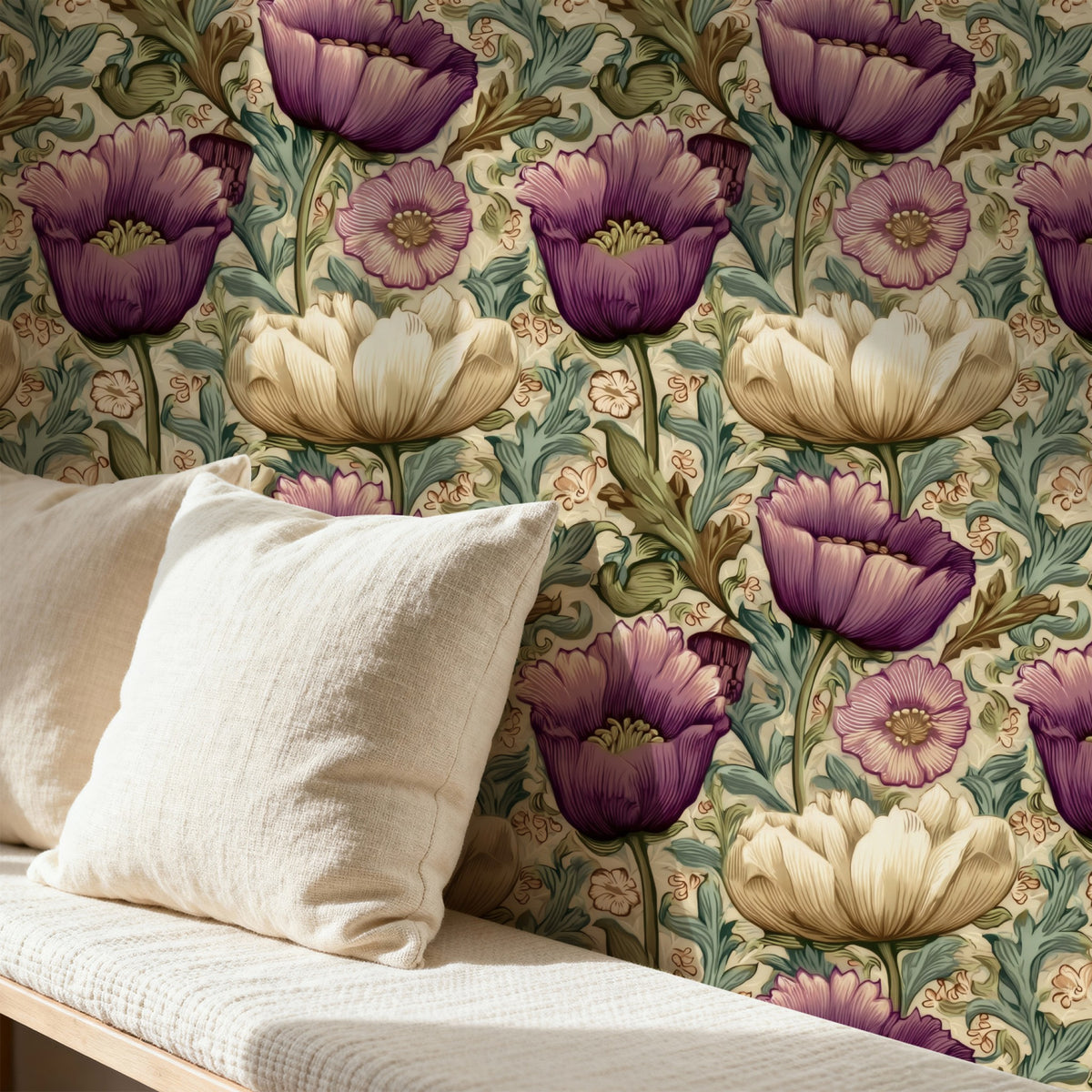 Mauve Poppy large scale wallpaper in a styled room
