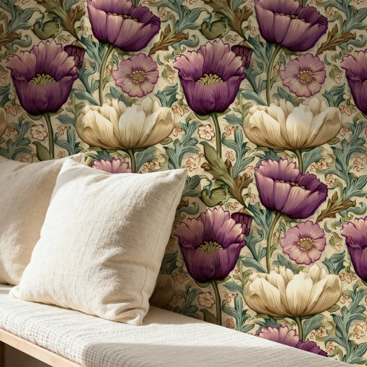 Mauve Poppy large scale wallpaper in a styled room