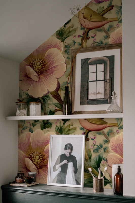 Mauve Songbird large scale wallpaper in a styled room