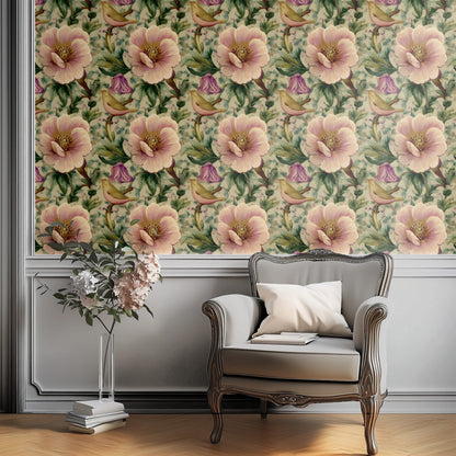 Mauve Songbird large scale wallpaper in a styled room